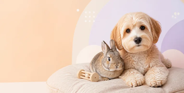 Cane e coniglio insieme su un cuscino