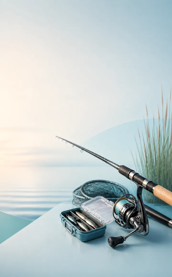 Canna da pesca, mulinello e accessori sul lago