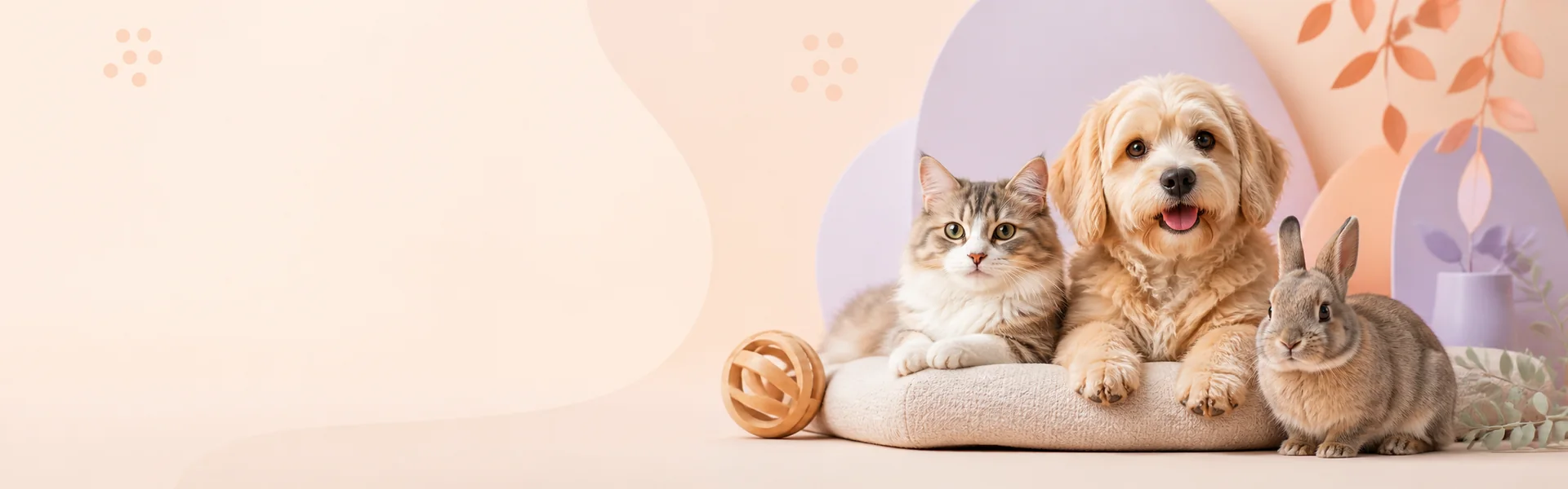 Cane, gatto e coniglio insieme su un cuscino