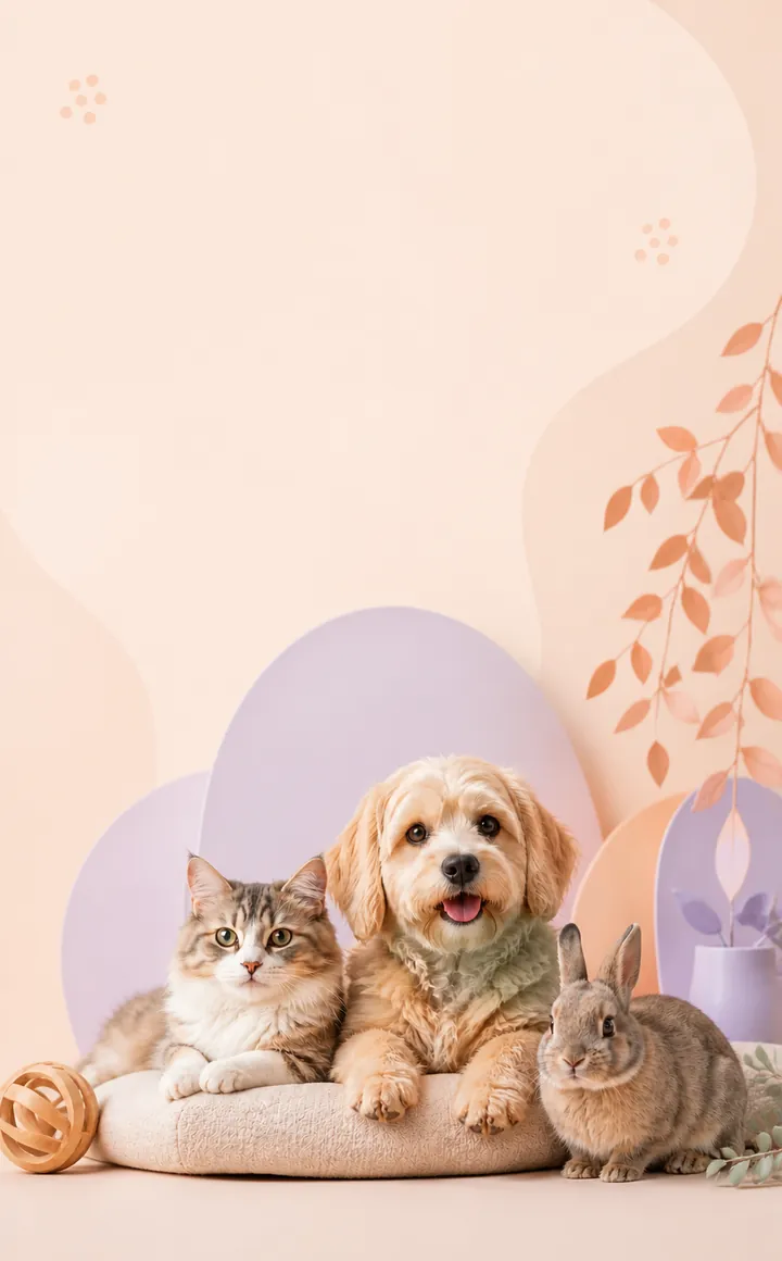 Cane, gatto e coniglio insieme su un cuscino