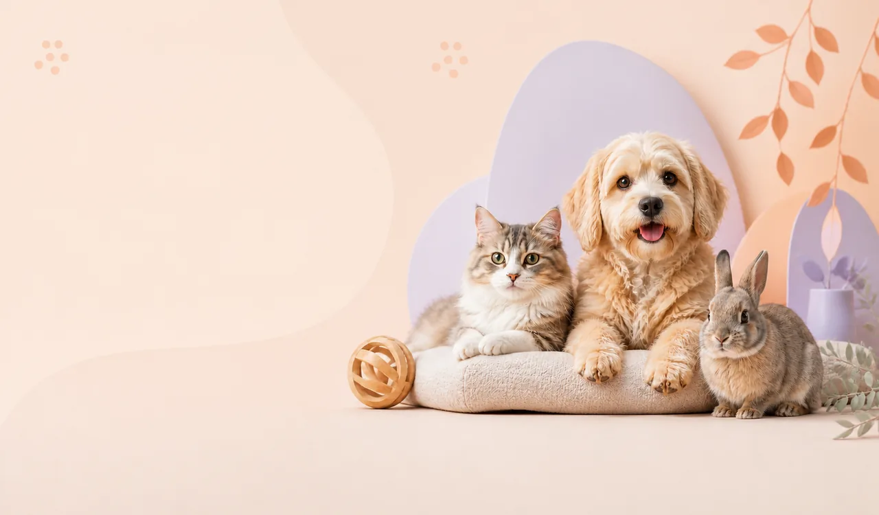 Cane, gatto e coniglio insieme su un cuscino